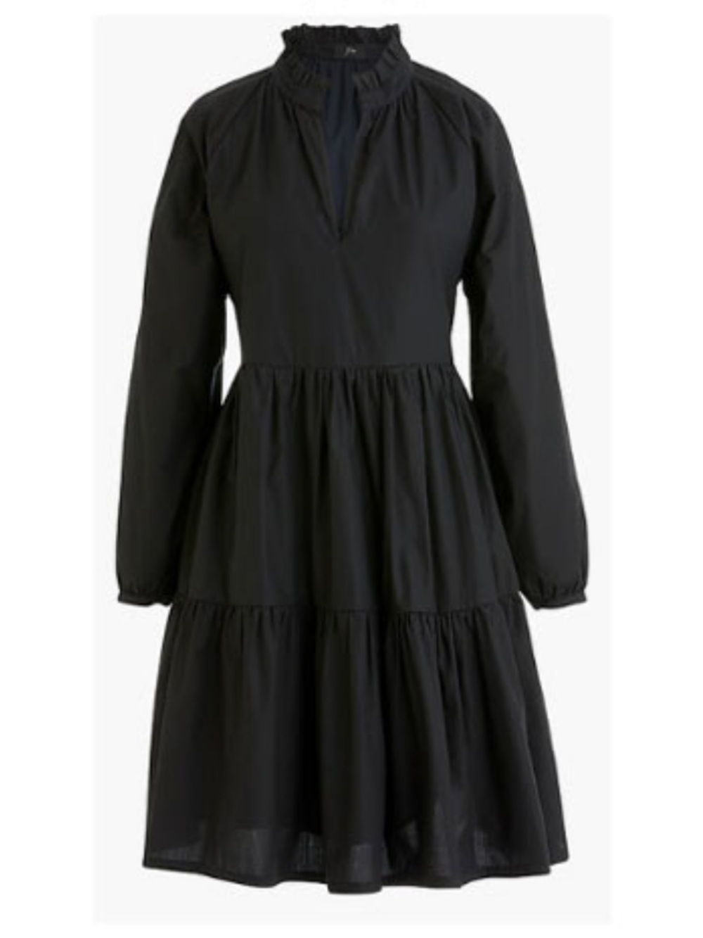 J. Crew Black Ruffle-Neck Tiered Long-Sleeve Popover Dress